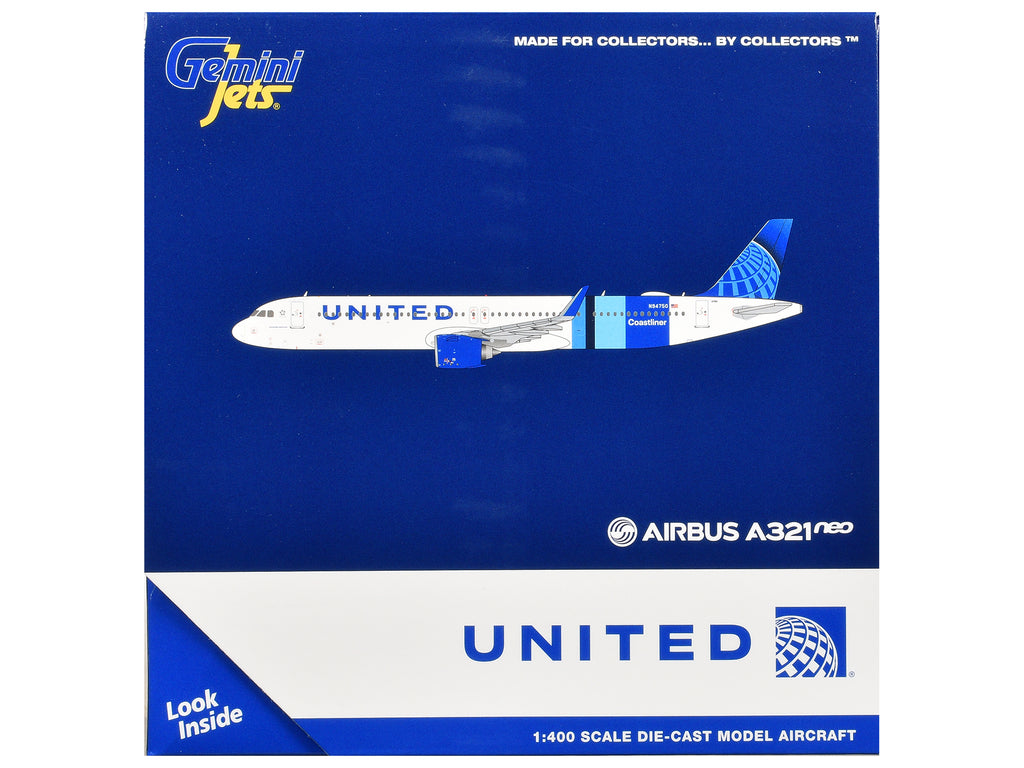 Airbus A321neo Commercial Aircraft 'United Airlines Coastliner' (N94750) White with Blue Stripes and Tail 1/400 Diecast Model Airplane by GeminiJets