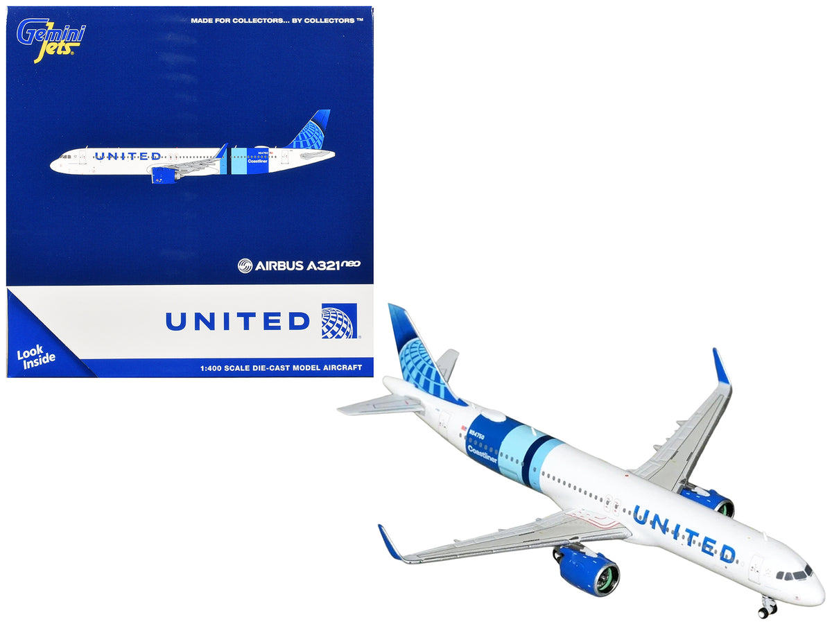 Airbus A321neo Commercial Aircraft 'United Airlines Coastliner' (N94750) White with Blue Stripes and Tail 1/400 Diecast Model Airplane by GeminiJets