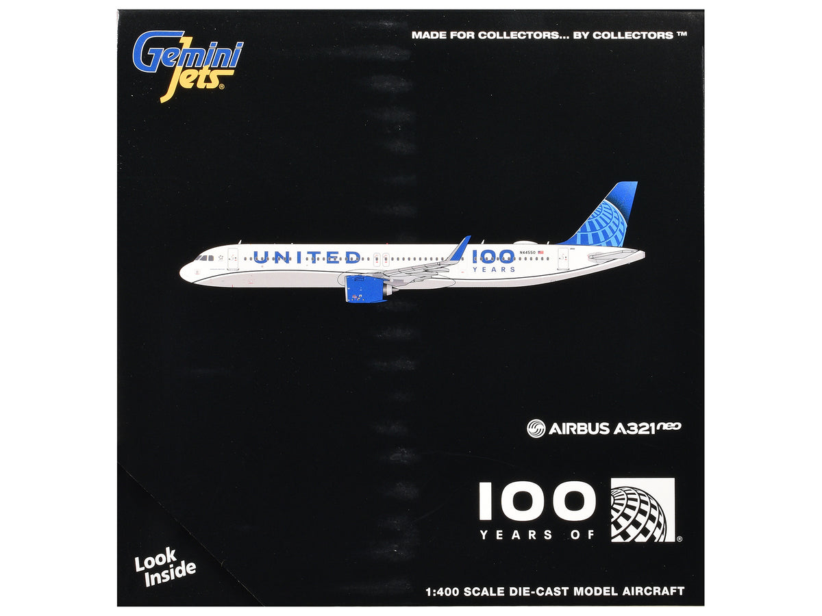 Airbus A321neo Commercial Aircraft 'United Airlines 100 Years' (N44550) White with Blue Tail 1/400 Diecast Model Airplane by GeminiJets
