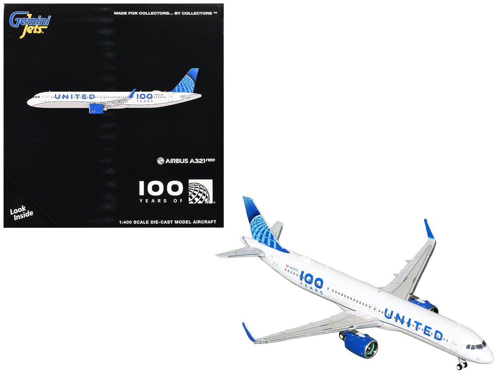 Airbus A321neo Commercial Aircraft 'United Airlines 100 Years' (N44550) White with Blue Tail 1/400 Diecast Model Airplane by GeminiJets