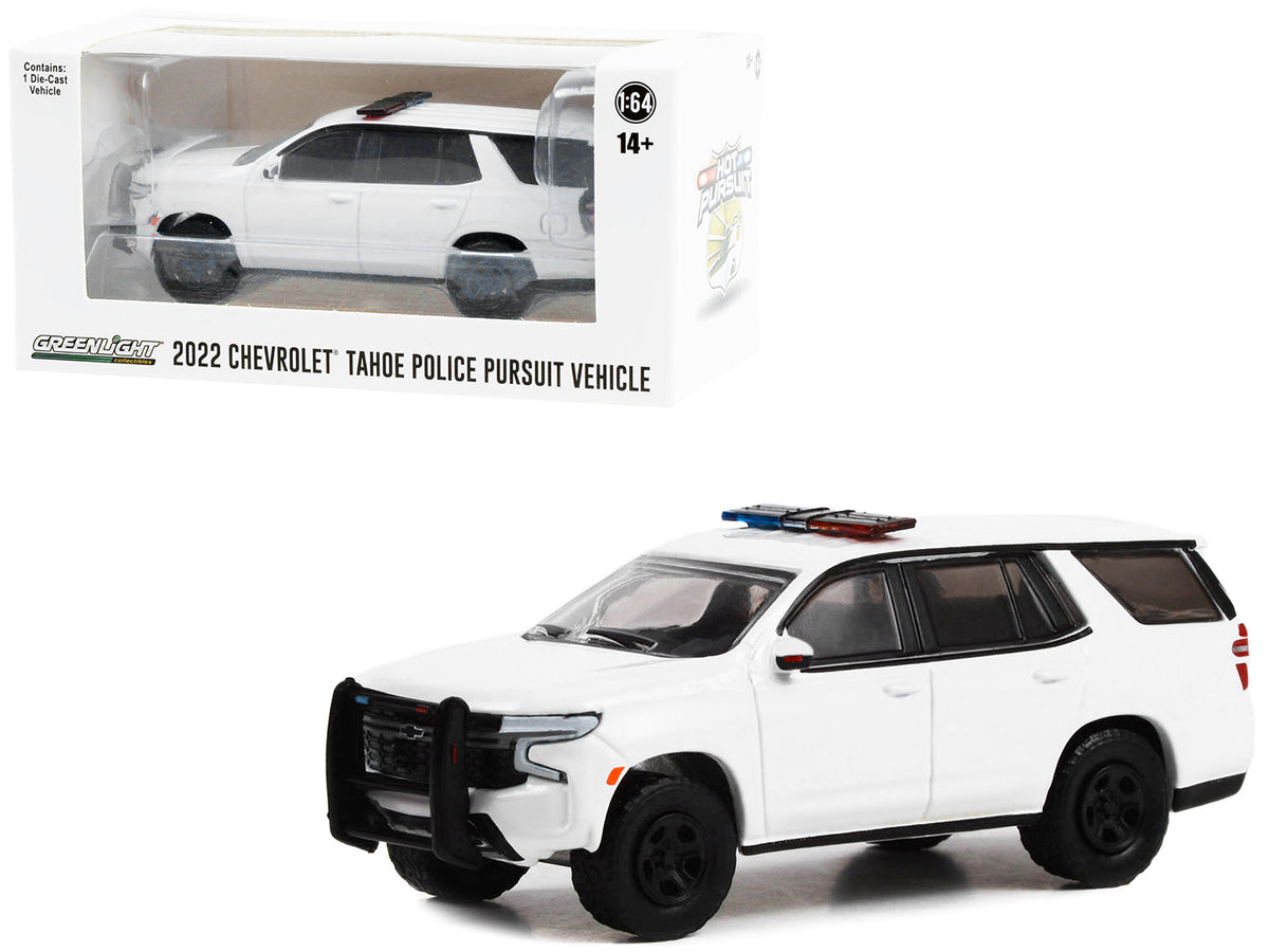 2022 Chevrolet Tahoe Police Pursuit Vehicle (PPV) White with Light Bar 'Hot Pursuit' 'Hobby Exclusive' Series 1/64 Diecast Model Car by Greenlight