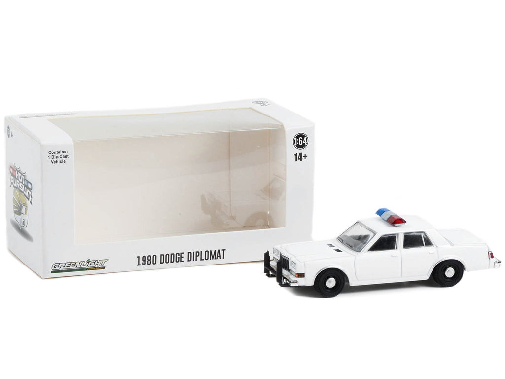 1980-1989 Dodge Diplomat Police Unmarked White with Light Bar 'Hot Pursuit' 'Hobby Exclusive' Series 1/64 Diecast Model Car by Greenlight