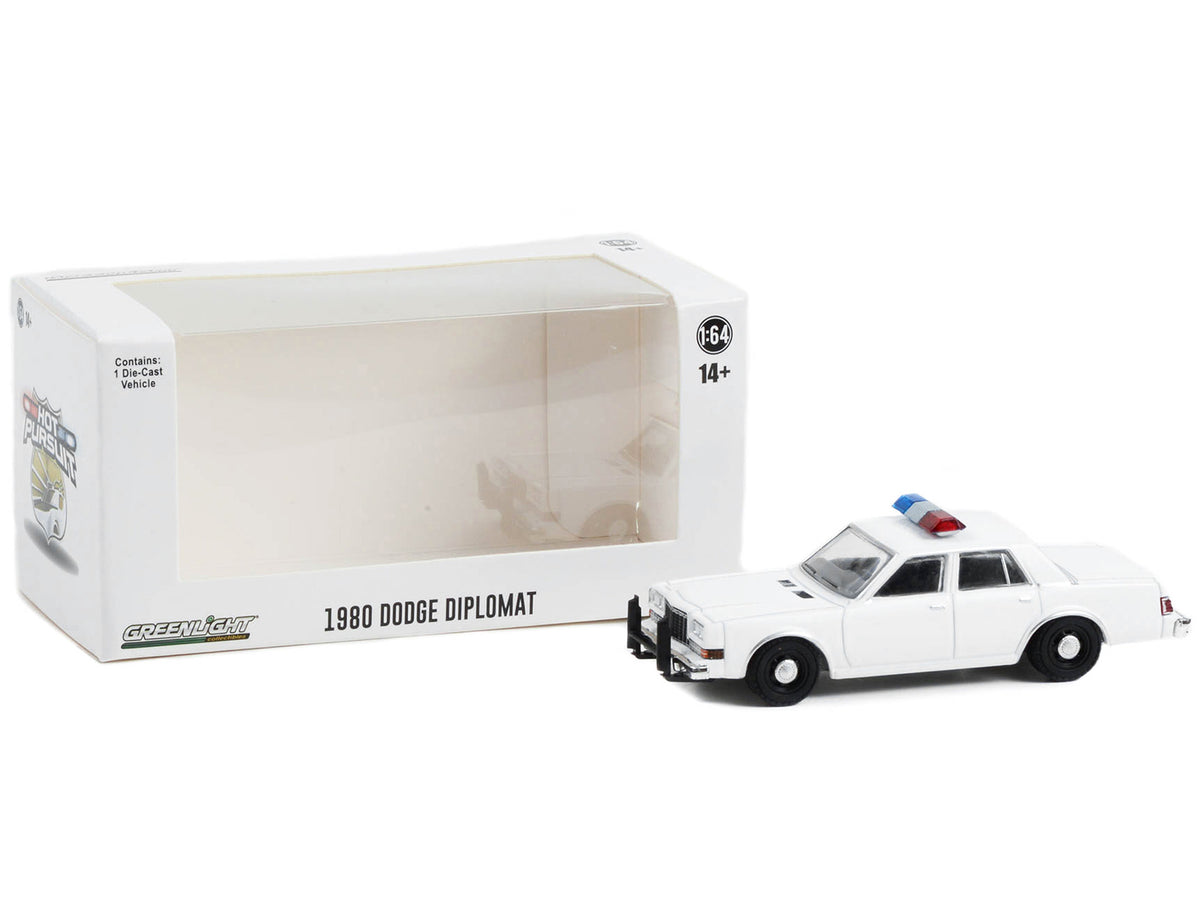 1980-1989 Dodge Diplomat Police Unmarked White with Light Bar 'Hot Pursuit' 'Hobby Exclusive' Series 1/64 Diecast Model Car by Greenlight
