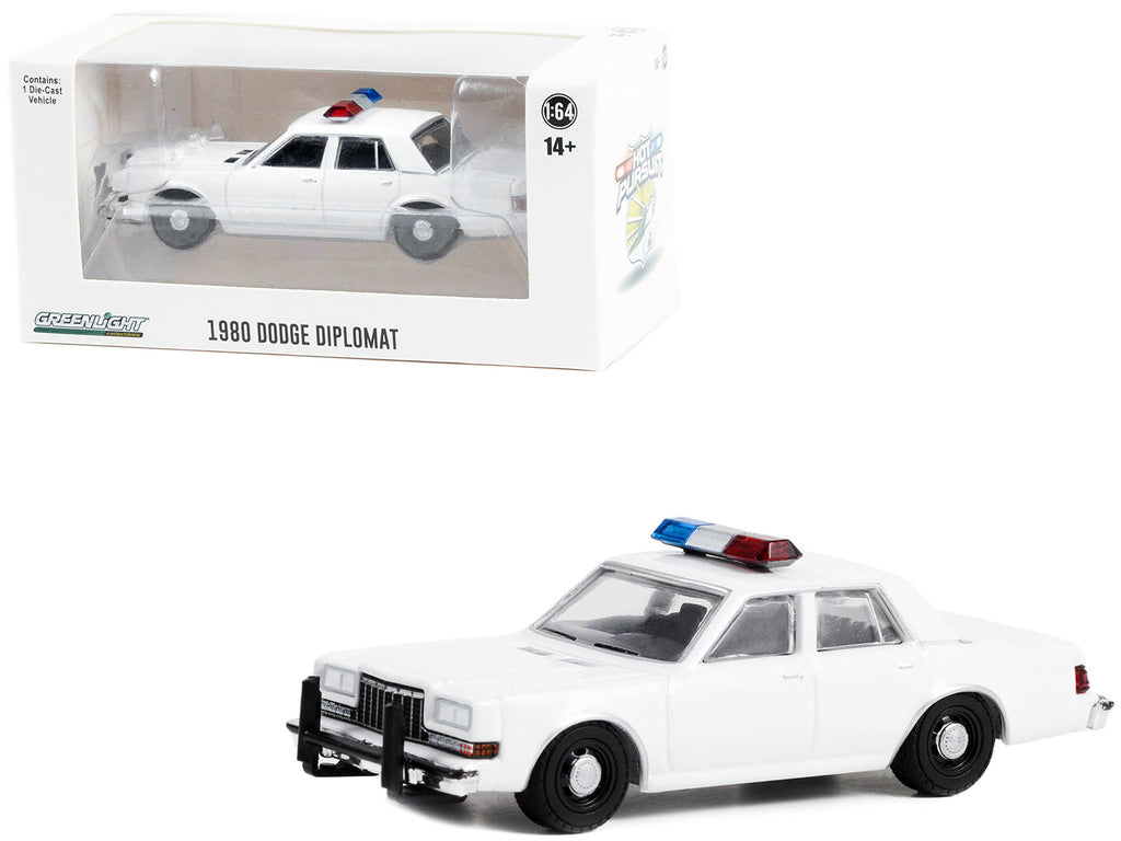 1980-1989 Dodge Diplomat Police Unmarked White with Light Bar 'Hot Pursuit' 'Hobby Exclusive' Series 1/64 Diecast Model Car by Greenlight