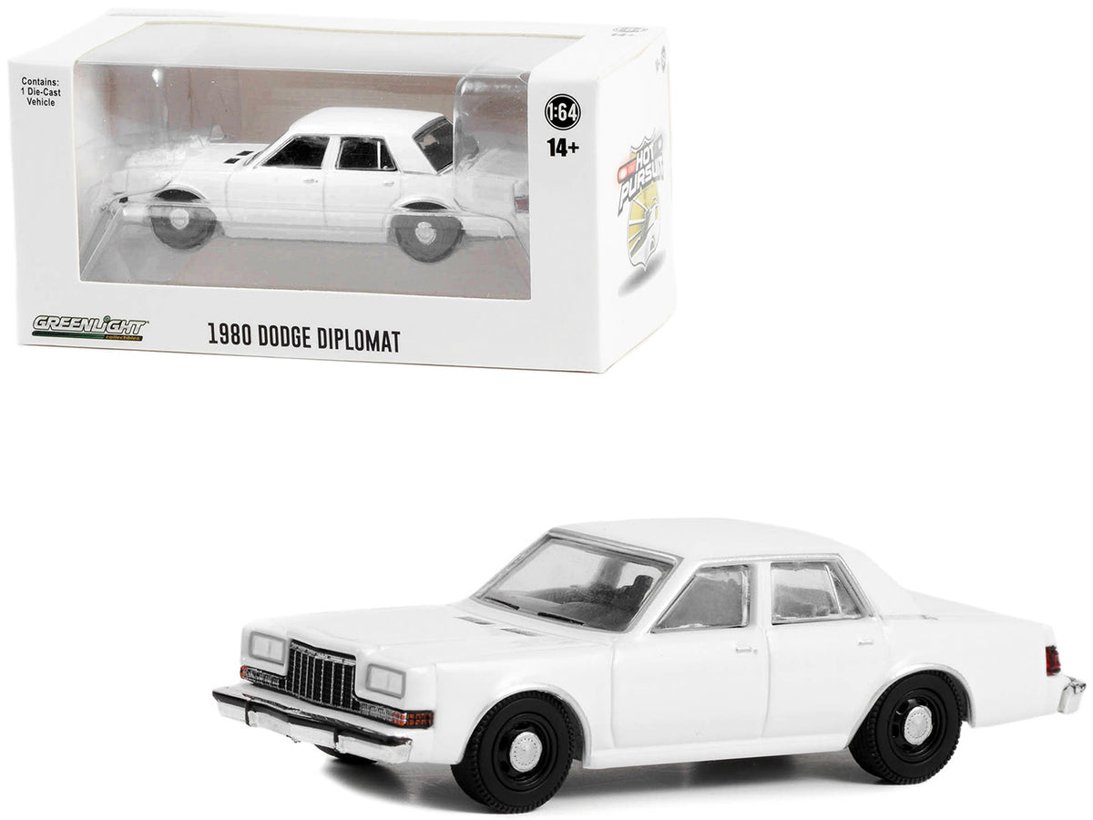 1980-1989 Dodge Diplomat Police Unmarked White 'Hot Pursuit' 'Hobby Exclusive' Series 1/64 Diecast Model Car by Greenlight