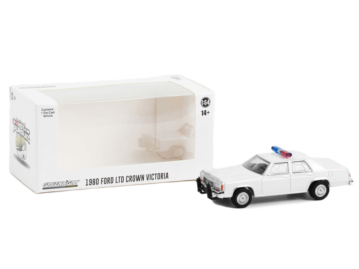 1980-1991 Ford LTD Crown Victoria Police White with Light Bar 'Hot Pursuit' 'Hobby Exclusive' Series 1/64 Diecast Model Car by Greenlight