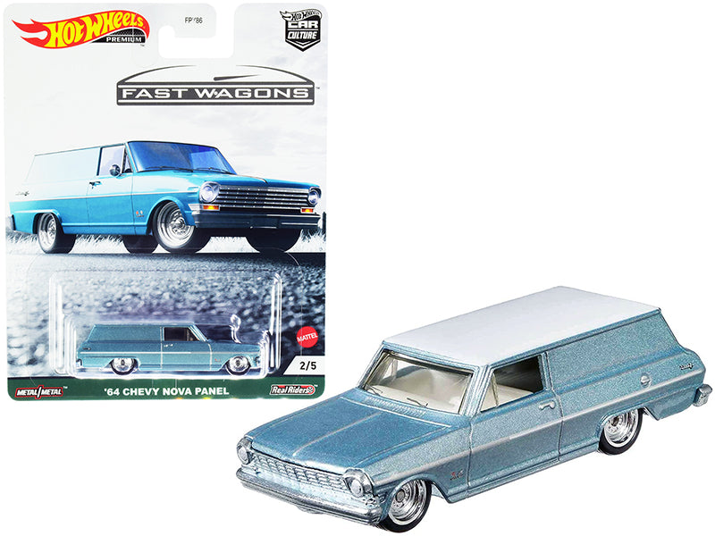1964 Chevrolet Nova Panel Light Blue Metallic with White Top 'Fast Wagons' Series Diecast Model Car by Hot Wheels