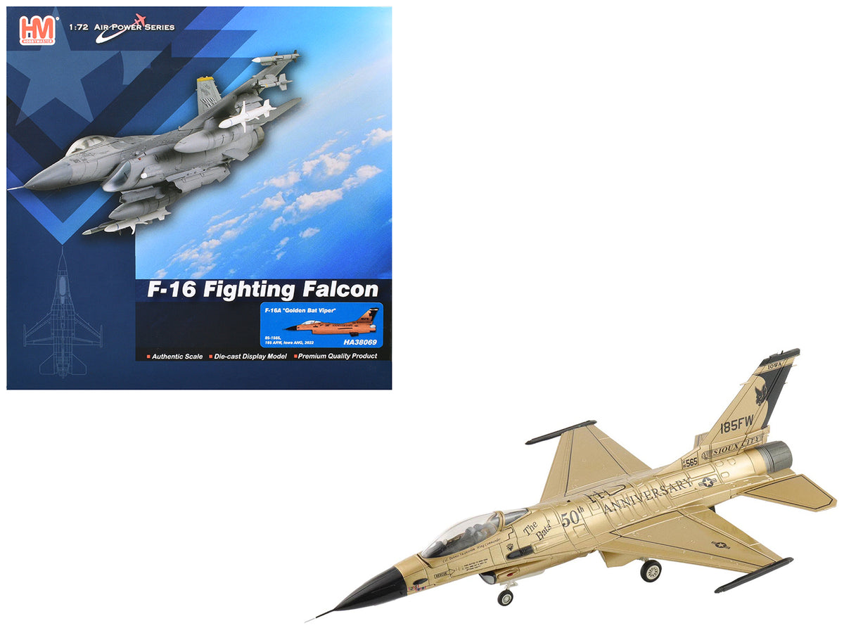 Lockheed F-16A Fighting Falcon Fighter Aircraft '85-1565 Golden Bat Viper 185 ARW Iowa ANG Squadron 50th Anniversary' (2022) United States Air Force 'Air Power Series' 1/72 Diecast Model by Hobby Master