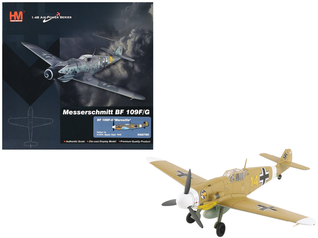 Messerschmitt Bf 109F-4 Fighter Aircraft 'Marseille Yellow 14 3./JG27 Egypt' (1942) German Luftwaffe 'Air Power Series' 1/48 Diecast Model by Hobby Master