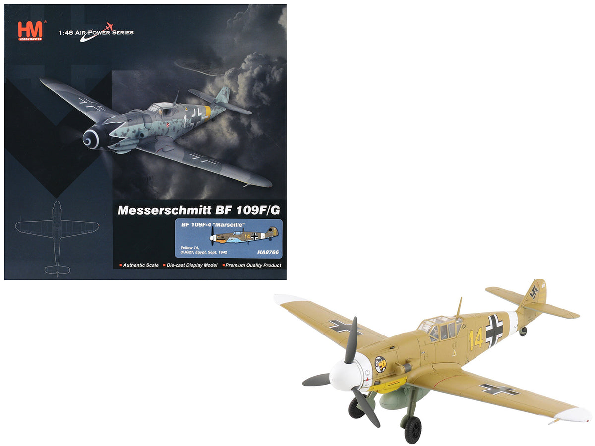 Messerschmitt Bf 109F-4 Fighter Aircraft 'Marseille Yellow 14 3./JG27 Egypt' (1942) German Luftwaffe 'Air Power Series' 1/48 Diecast Model by Hobby Master