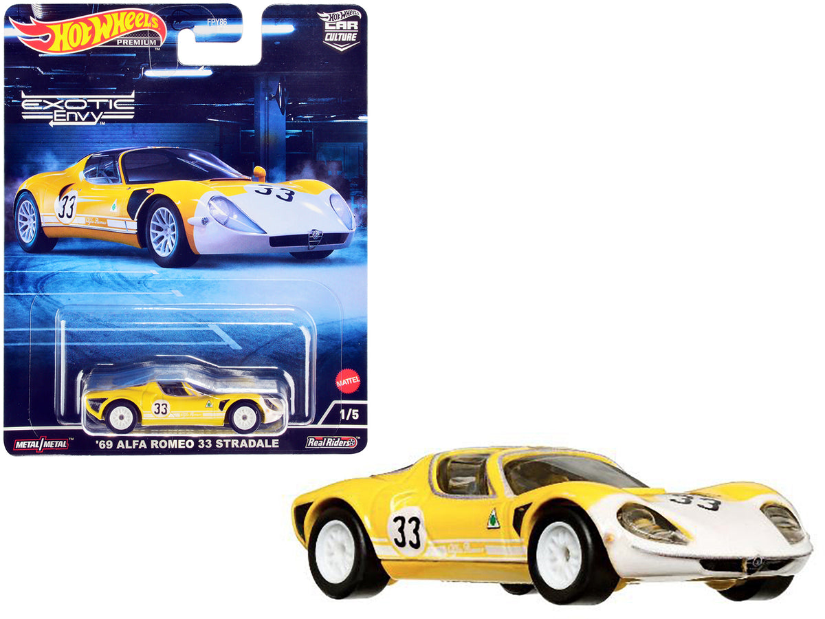 1969 Alfa Romeo 33 Stradale #33 Yellow and White 'Exotic Envy' Series Diecast Model Car by Hot Wheels