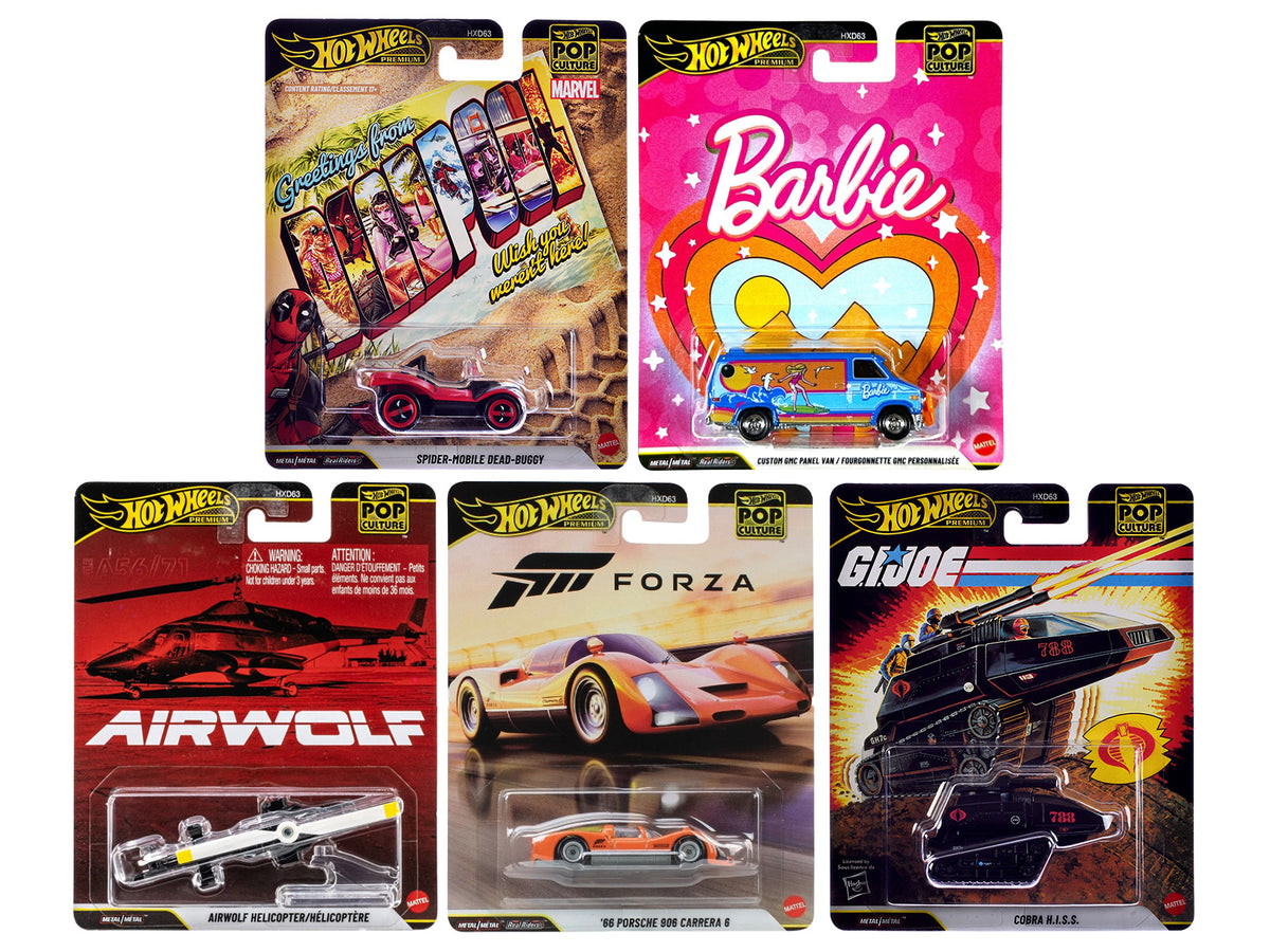 'Pop Culture 2025' 5 piece Set Q 'Premium Series' Diecast Model Cars by Hot Wheels