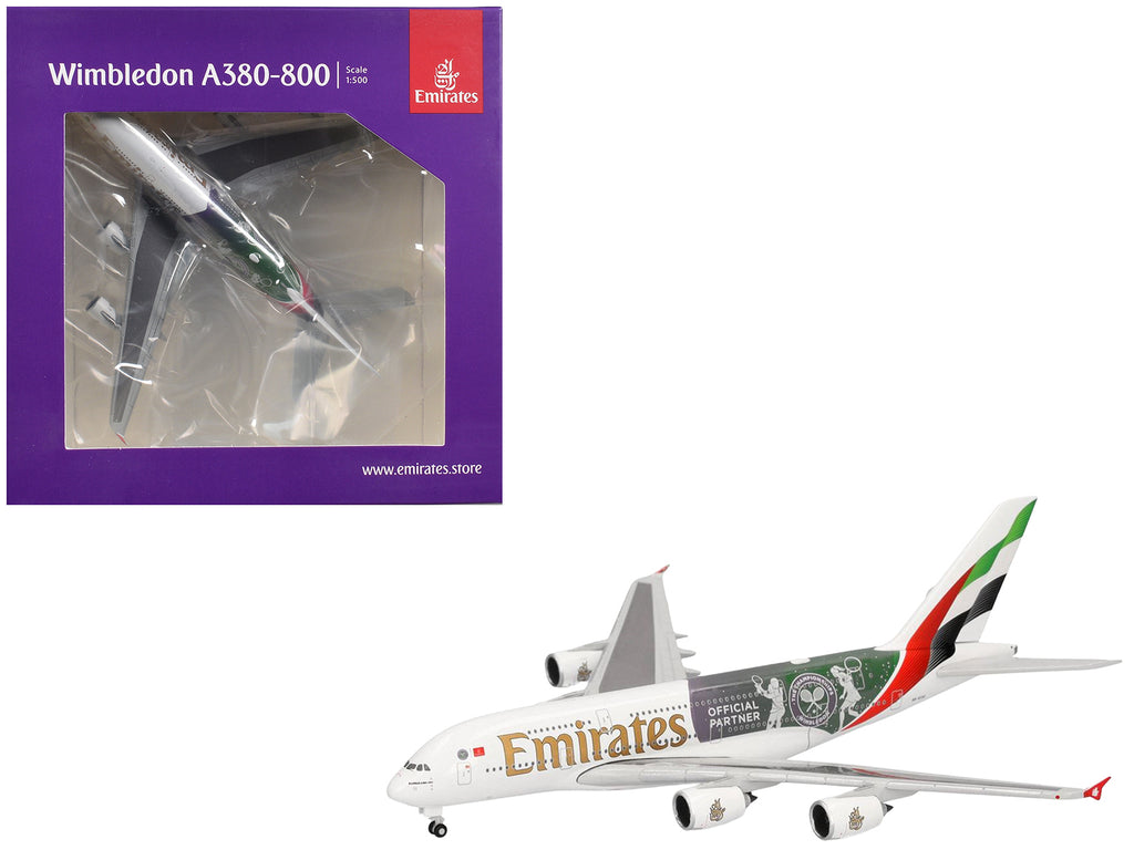 Airbus A380-800 Commercial Aircraft 'Emirates Airlines - Wimbledon Official Partner' (A6-EOE) White with Graphics 1/500 Diecast Model Airplane by Herpa