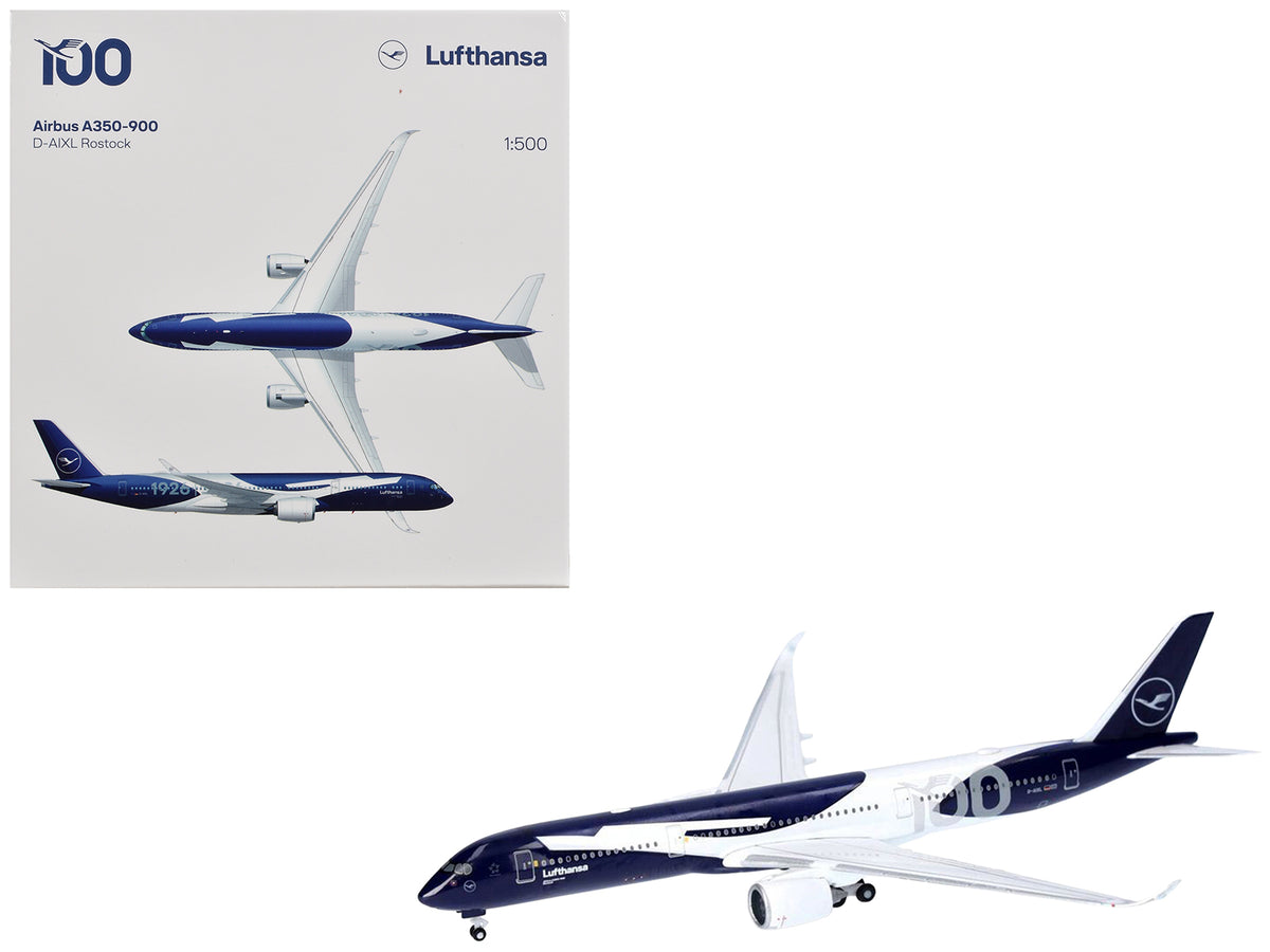 Airbus A350-900 Commercial Aircraft 'Lufthansa 100 Years' (D-AIXL) Blue with Graphics 1/500 Diecast Model Airplane by Herpa
