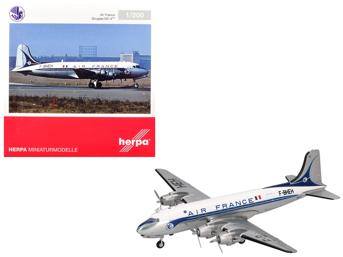 Douglas DC-4 Commercial Aircraft 'Air France' (F-BHEH) White with Blue Stripes 1/200 Diecast Model by Herpa