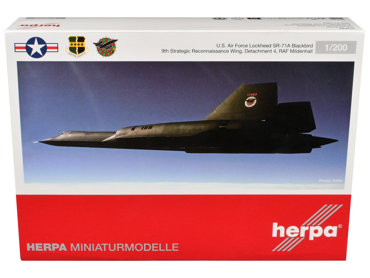 Lockheed SR-71A Blackbird Stealth Aircraft '9th Strategic Reconnaissance Wing Detachment 4 RAF Mildenhall' United States Air Force 1/200 Diecast Model Airplane by Herpa