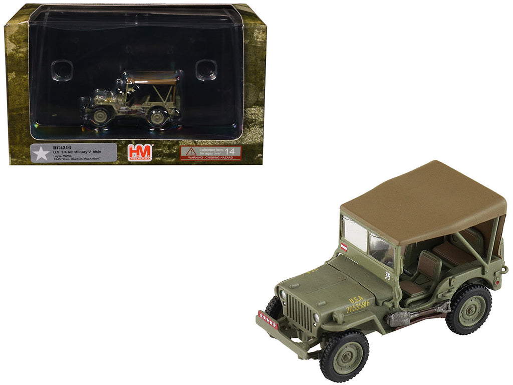 U.S. 1/4 ton Military Vehicle Olive Drab 'Gen. Douglas MacArthur Leyte WWII' (1945) United States Army 'Ground Power Series' 1/72 Diecast Model by Hobby Master