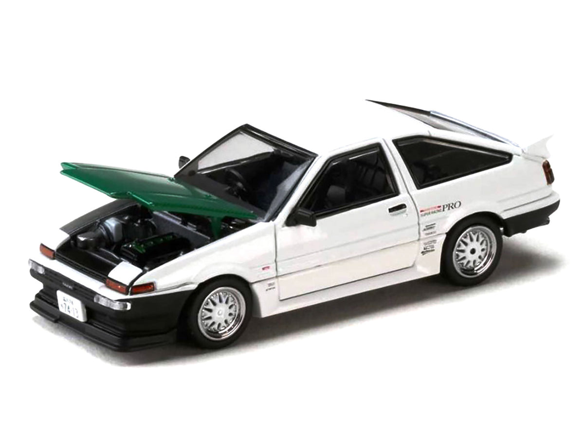 Toyota Sprinter Trueno (AE86) RHD (Right Hand Drive) 'Keiichi Tsuchiya - Dori Dori Mesh Wheels' White with Green Carbon Hood 1/64 Diecast Model Car by Hobby Japan