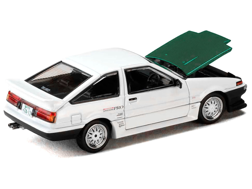 Toyota Sprinter Trueno (AE86) RHD (Right Hand Drive) 'Keiichi Tsuchiya - Dori Dori Mesh Wheels' White with Green Carbon Hood 1/64 Diecast Model Car by Hobby Japan