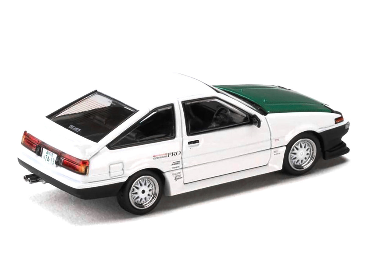 Toyota Sprinter Trueno (AE86) RHD (Right Hand Drive) 'Keiichi Tsuchiya - Dori Dori Mesh Wheels' White with Green Carbon Hood 1/64 Diecast Model Car by Hobby Japan