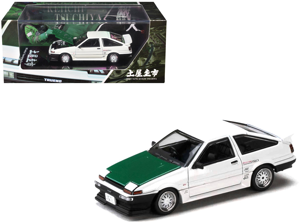 Toyota Sprinter Trueno (AE86) RHD (Right Hand Drive) 'Keiichi Tsuchiya - Dori Dori Mesh Wheels' White with Green Carbon Hood 1/64 Diecast Model Car by Hobby Japan