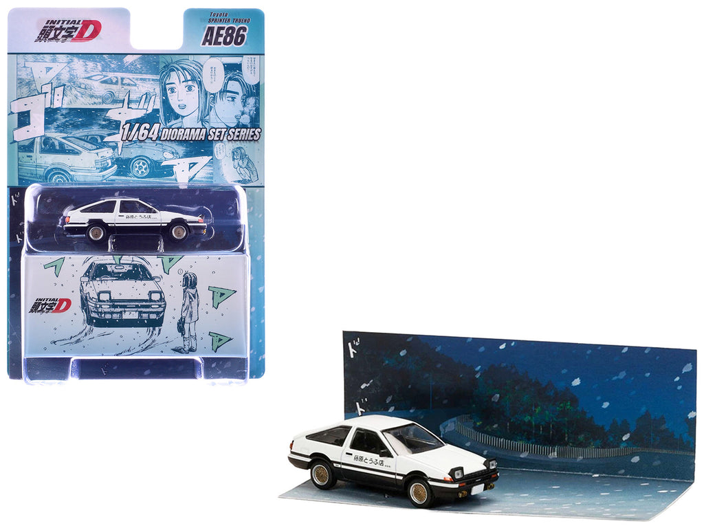 Toyota Sprinter Trueno (AE86) RHD (Right Hand Drive) White with Black Stripes 'Takumi Fujiwara & Natsuki Mogi - Initial D' (1995-2013) Manga 'Diorama Set Series' 1/64 Diecast Model Car by Hobby Japan