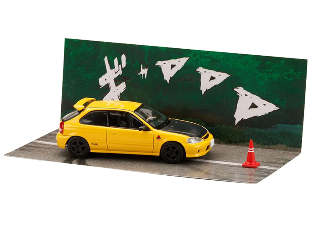 Honda Civic (EK9) RHD (Right Hand Drive) Yellow with Carbon Hood 'Initial D' (1995-2013) Manga 'Diorama Set Series' 1/64 Diecast Model car by Hobby Japan