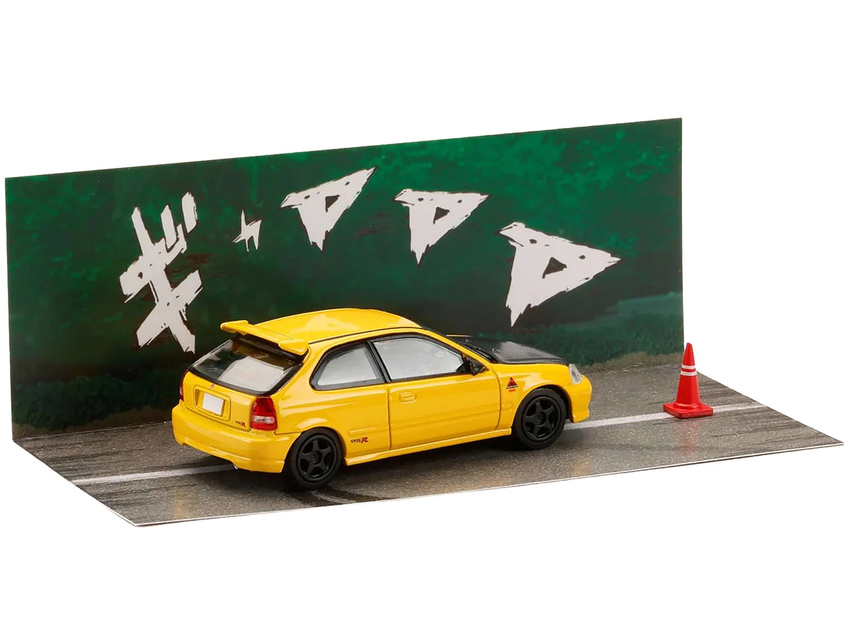 Honda Civic (EK9) RHD (Right Hand Drive) Yellow with Carbon Hood 'Initial D' (1995-2013) Manga 'Diorama Set Series' 1/64 Diecast Model car by Hobby Japan
