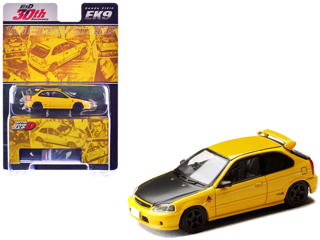 Honda Civic (EK9) RHD (Right Hand Drive) Yellow with Carbon Hood 'Initial D' (1995-2013) Manga 'Diorama Set Series' 1/64 Diecast Model car by Hobby Japan