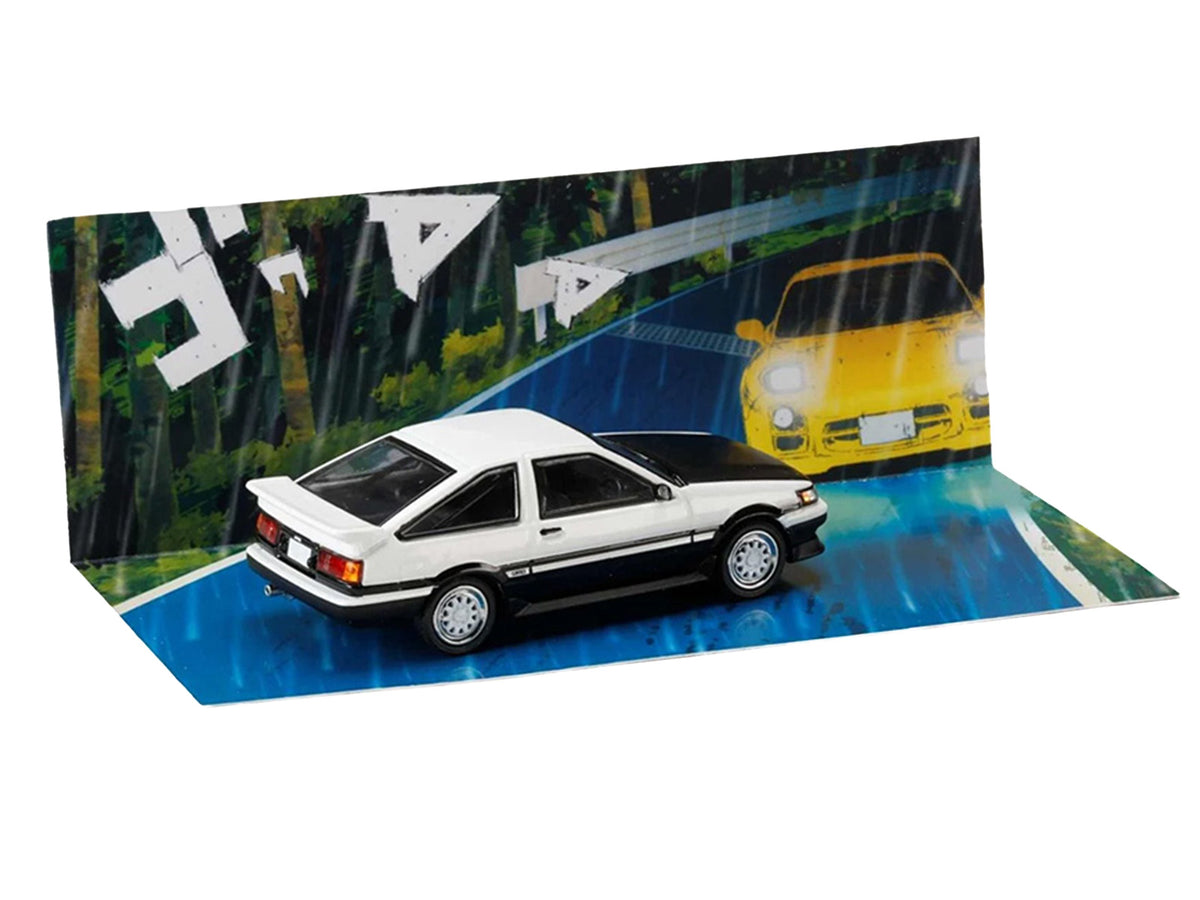 Toyota Corolla Levin (AE86) RHD (Right Hand Drive) White with Carbon Hood 'Initial D' (1995-2013) Manga 'Diorama Set Series' 1/64 Diecast Model Car by Hobby Japan