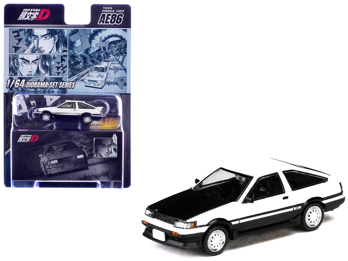 Toyota Corolla Levin (AE86) RHD (Right Hand Drive) White with Carbon Hood 'Initial D' (1995-2013) Manga 'Diorama Set Series' 1/64 Diecast Model Car by Hobby Japan