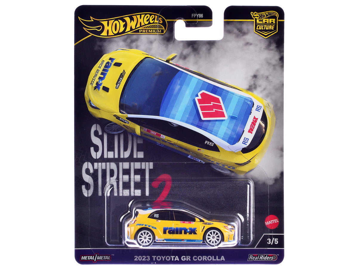 2023 Toyota GR Corolla 'Rain X' Yellow 'Slide Street 2' Series Diecast Model Car by Hot Wheels