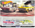 1963 Plymouth Belvedere 426 Wedge 'MOPAR' White and Red with Blue Top and 1965 Dodge Coronet 'Eastbound and Crowned' Yellow and White 'Car Culture' Set of 2 Cars Diecast Model Cars by Hot Wheels