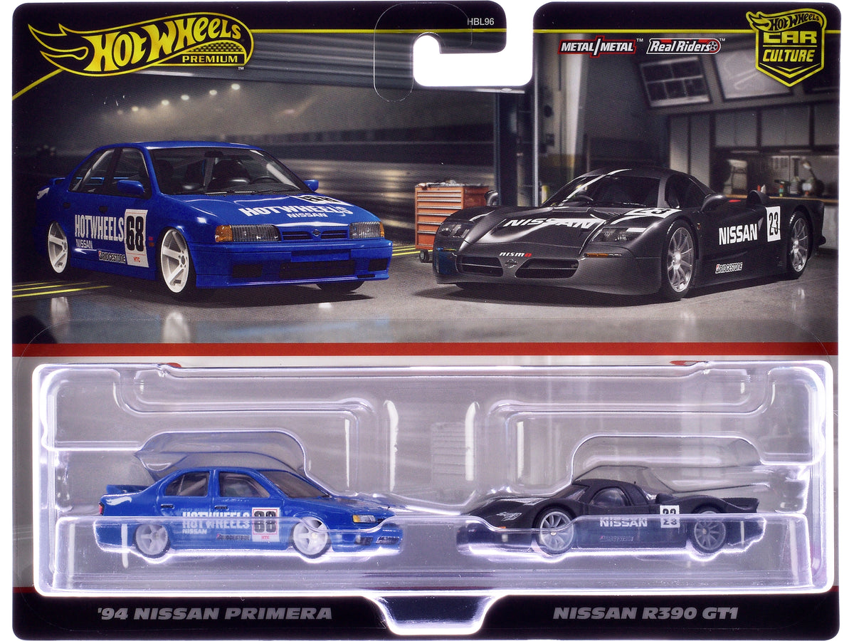 1994 Nissan Primera RHD (Right Hand Drive) #68 Blue and Nissan R390 GT1 #23 Matt Black 'Car Culture' Set of 2 Cars Diecast Model Cars by Hot Wheels