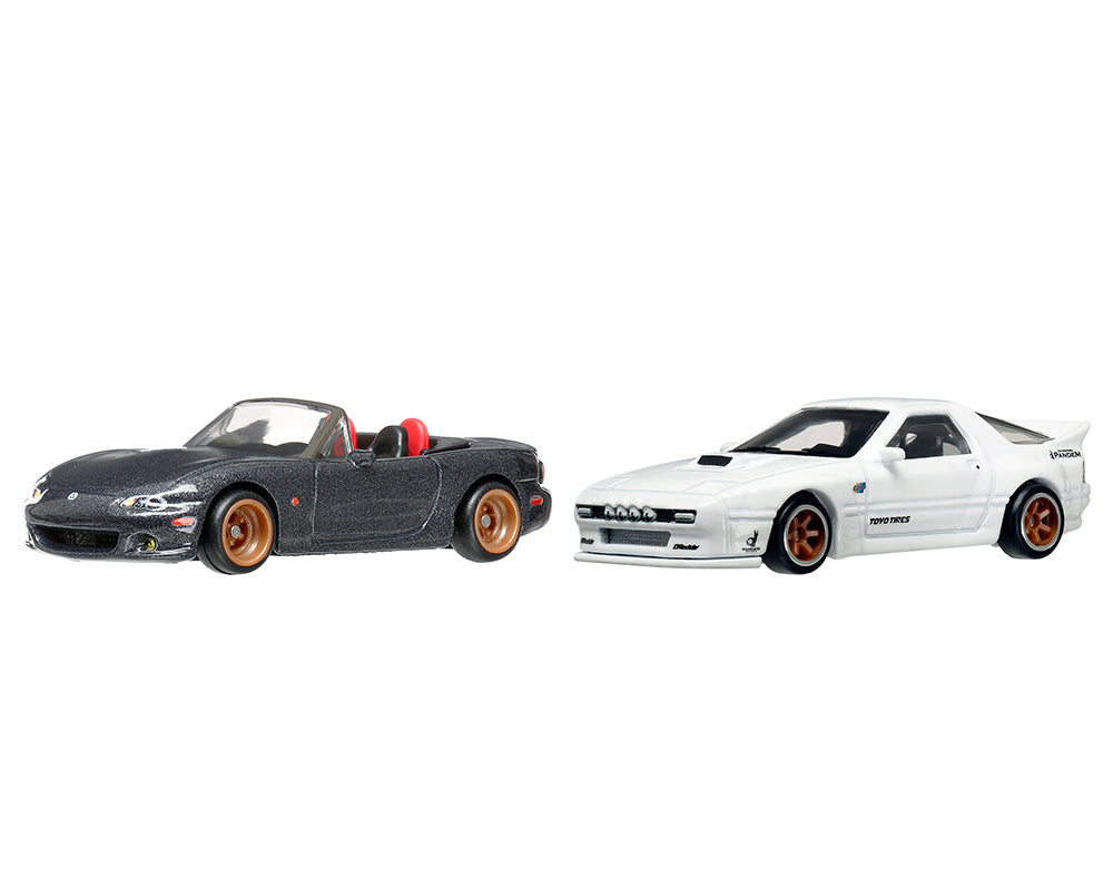 Mazda Mazdaspeed Miata Gray Metallic and Mazda RX7 FC Pandem White 'Car Culture' Set of 2 Cars Diecast Model Cars by Hot Wheels