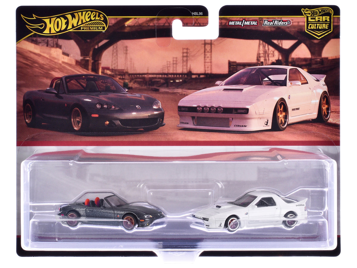 Mazda Mazdaspeed Miata Gray Metallic and Mazda RX7 FC Pandem White 'Car Culture' Set of 2 Cars Diecast Model Cars by Hot Wheels