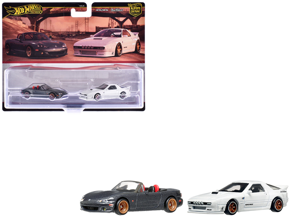 Mazda Mazdaspeed Miata Gray Metallic and Mazda RX7 FC Pandem White 'Car Culture' Set of 2 Cars Diecast Model Cars by Hot Wheels