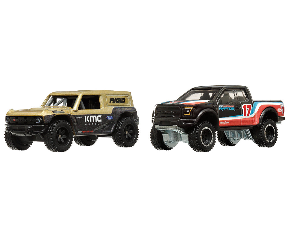 Ford Bronco R Gold Metallic and Black and 2017 Ford F-150 Raptor Pickup Truck #17 Black with Stripes 'Car Culture' Set of 2 Cars Diecast Model Cars by Hot Wheels