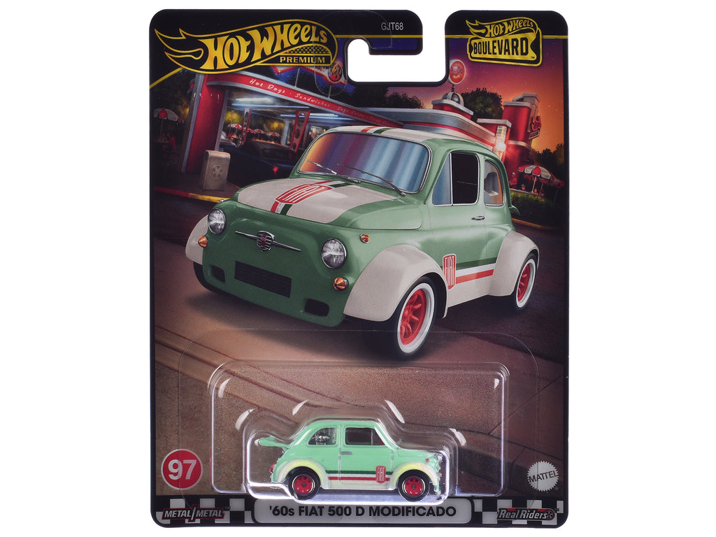 1960's Fiat 500 D Modificado Light Green with Stripes 'Boulevard' Series Diecast Model Car by Hot Wheels