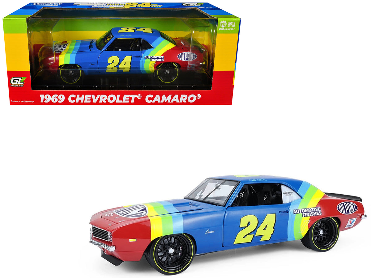 1969 Chevrolet Camaro #24 Jeff Gordon 'Hendrick Motorsports First Win Tribute' Blue and Red with Rainbow Stripes 1/18 Diecast Model Car by Highway 61