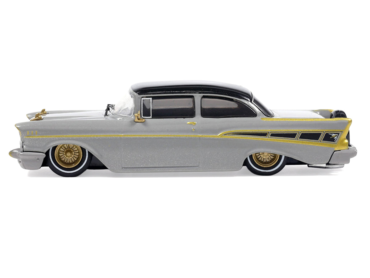 1957 Chevrolet Bel Air Lowrider Gray with Black Top and Gold Accents 1/64 Diecast Model Car by IXO Models