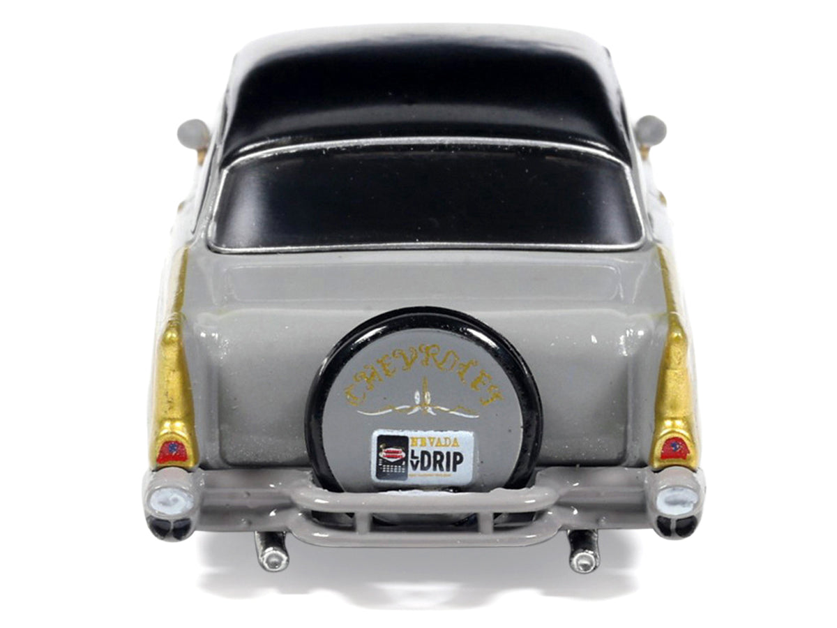 1957 Chevrolet Bel Air Lowrider Gray with Black Top and Gold Accents 1/64 Diecast Model Car by IXO Models