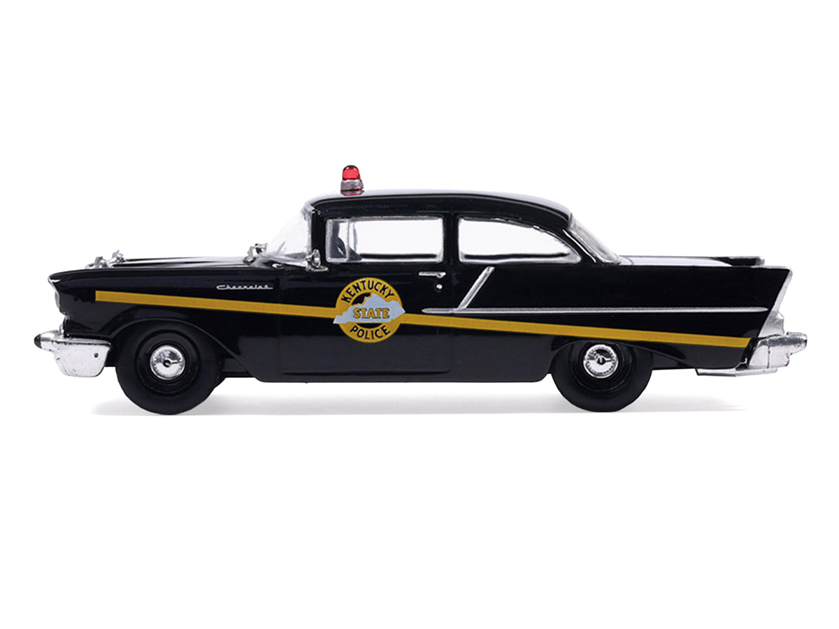 1957 Chevrolet One-Fifty Police Car 'Kentucky State Police' Black with Yellow Stripes 1/64 Diecast Model Car by IXO Models