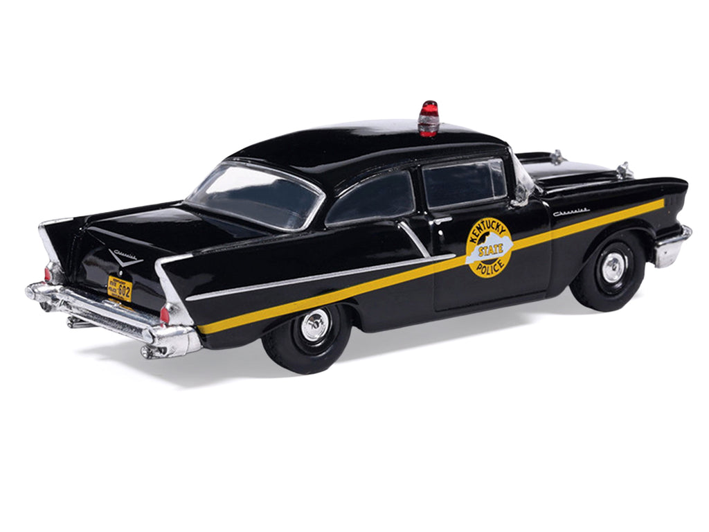 1957 Chevrolet One-Fifty Police Car 'Kentucky State Police' Black with Yellow Stripes 1/64 Diecast Model Car by IXO Models