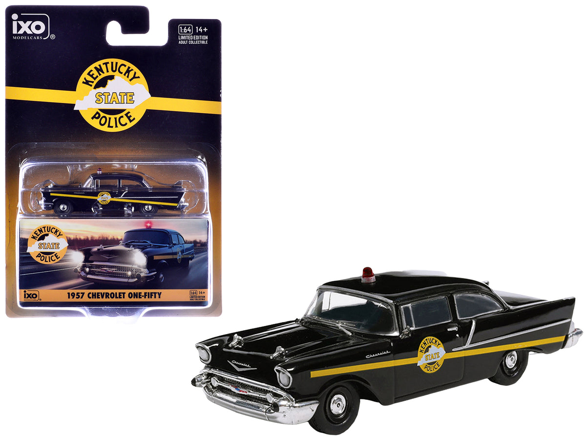 1957 Chevrolet One-Fifty Police Car 'Kentucky State Police' Black with Yellow Stripes 1/64 Diecast Model Car by IXO Models