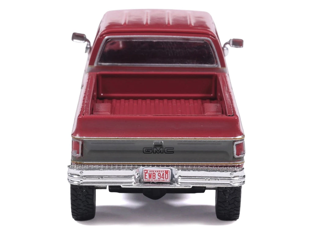 1977 GMC Sierra Grande K2500 Wideside Crew Cab Pickup Truck Dark Red Metallic with Gray Side Stripes 1/64 Diecast Model Car by IXO Models