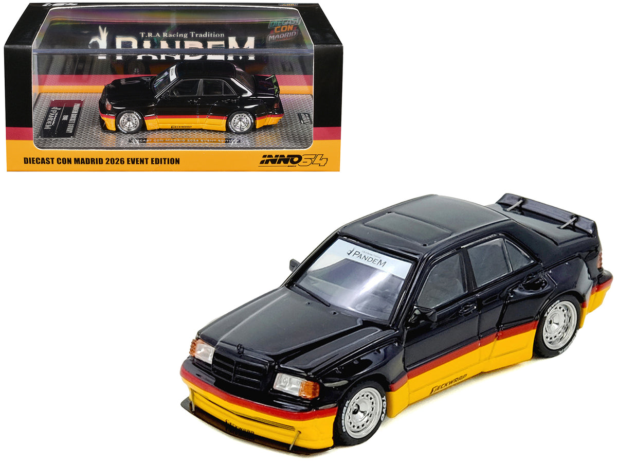 Pandem Rocket Bunny 190E Black with Red and Yellow Stripes 'Diecast Con Madrid 2026 Event Edition' 1/64 Diecast Model Car by Inno Models
