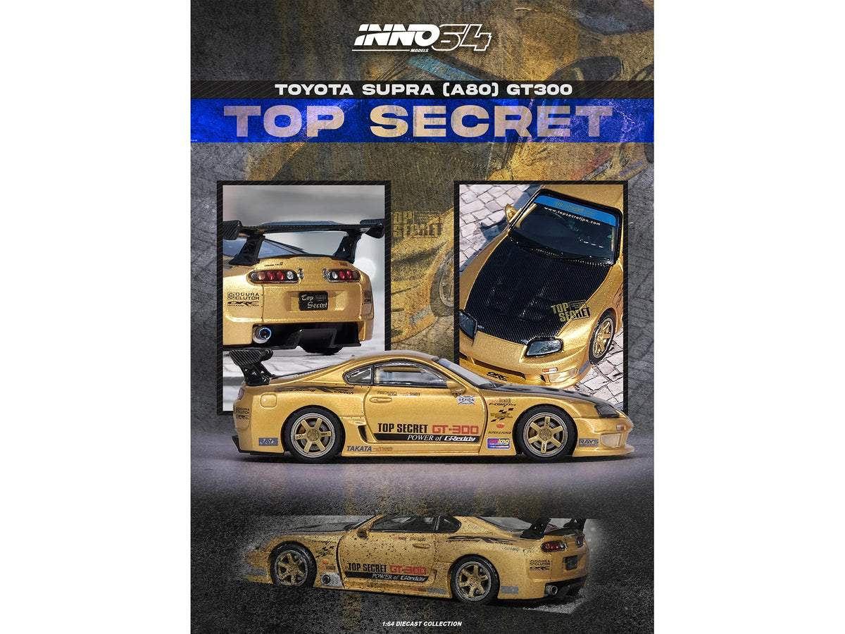 Toyota Supra (A80) 'Top Secret' GT300 RHD (Right Hand Drive) Gold Metallic with Carbon Hood 1/64 Diecast Model Car by Inno Models