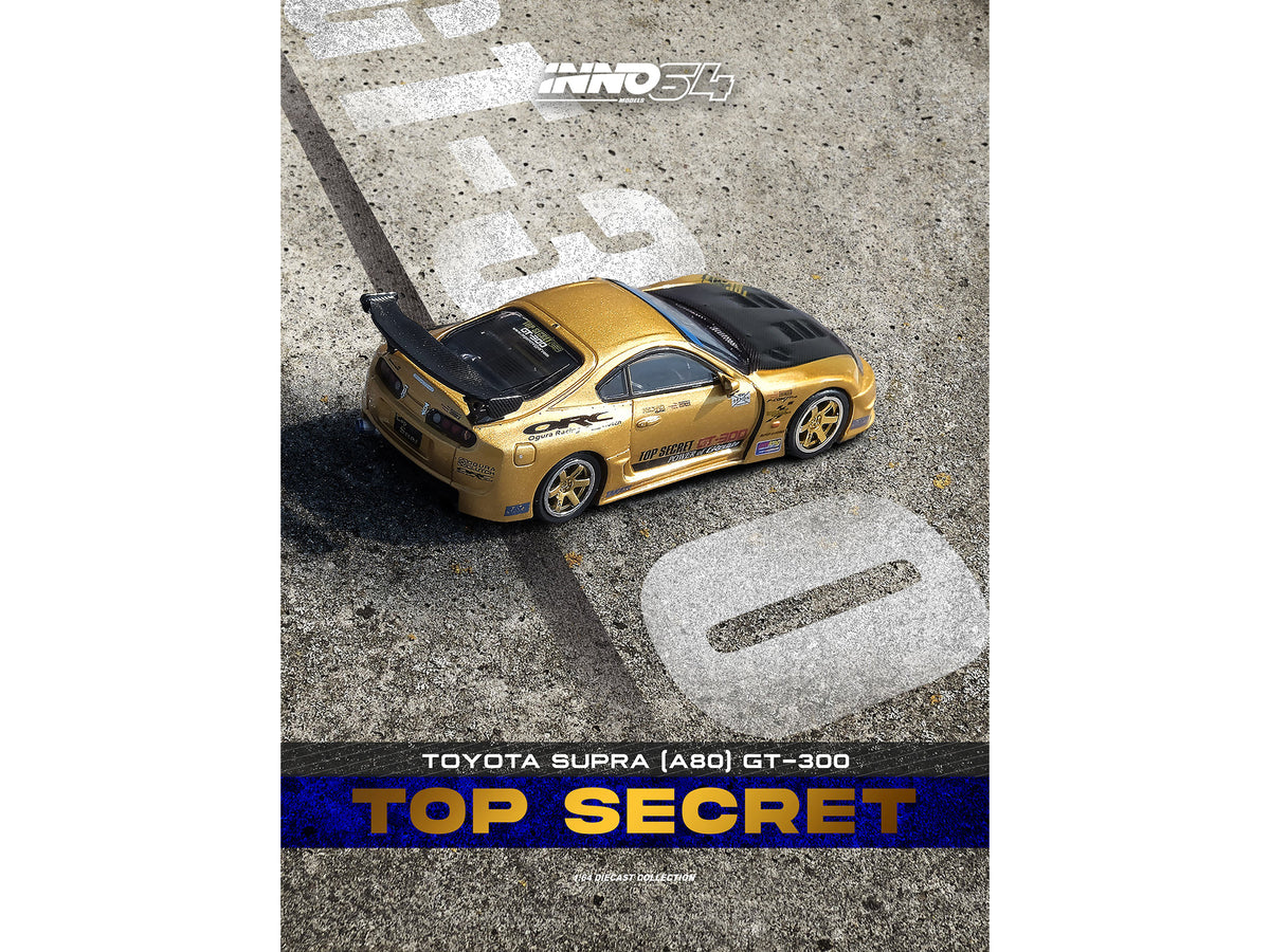 Toyota Supra (A80) 'Top Secret' GT300 RHD (Right Hand Drive) Gold Metallic with Carbon Hood 1/64 Diecast Model Car by Inno Models