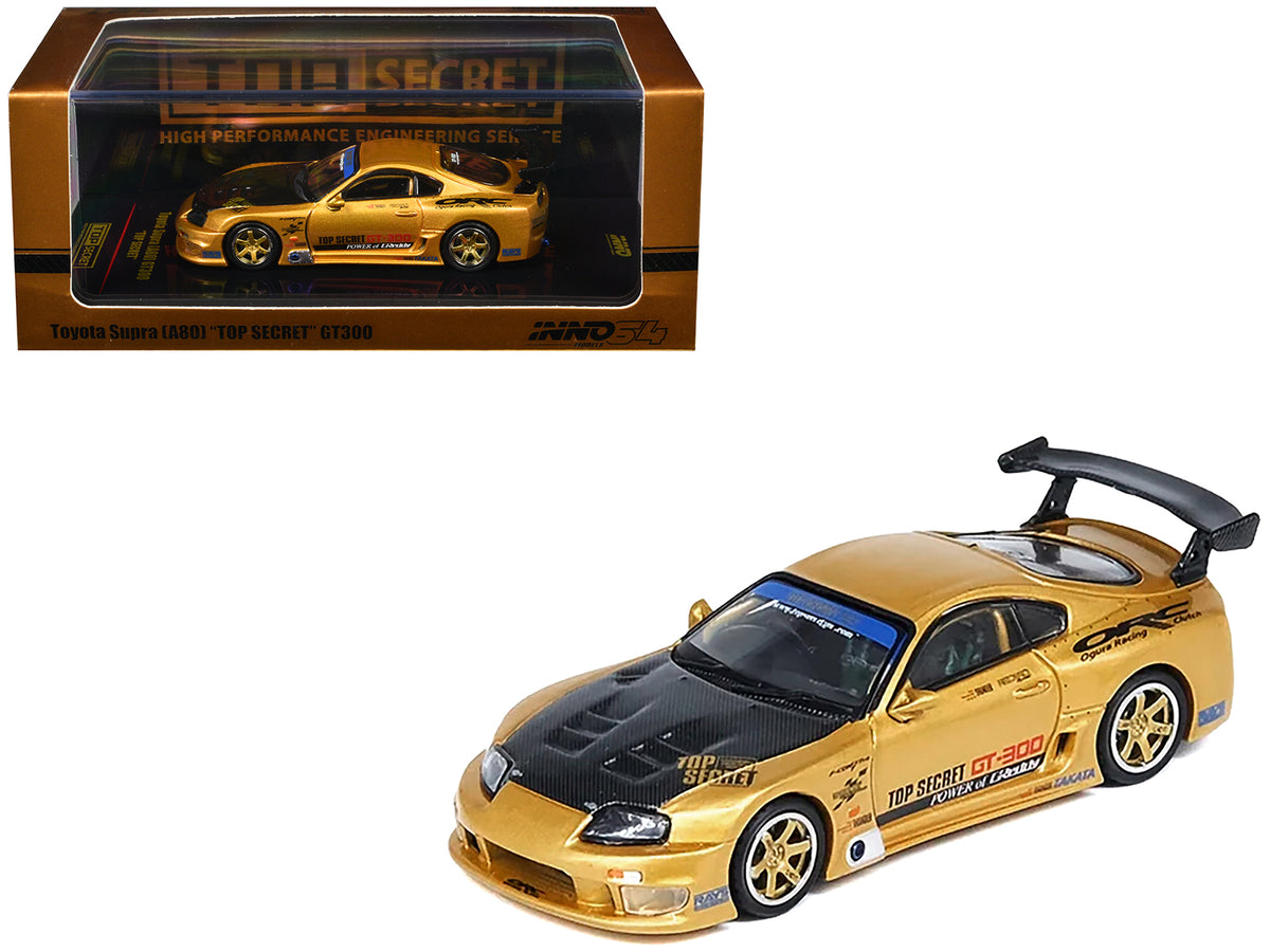 Toyota Supra (A80) 'Top Secret' GT300 RHD (Right Hand Drive) Gold Metallic with Carbon Hood 1/64 Diecast Model Car by Inno Models